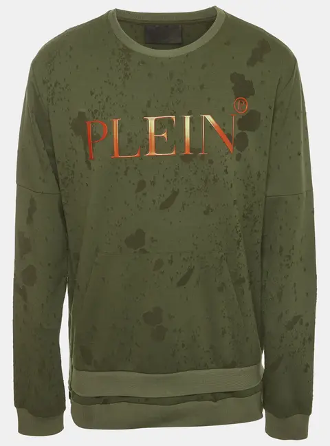 Philipp Plein Homme Green Side Zip Jersey Distressed Sweatshirt XXL