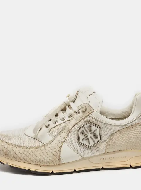 Philipp Plein Cream Python Embossed and Leather Lace Up Sneakers Size 45