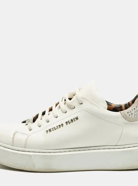 Philipp Plein Trainer Size 40 White Leather and Suede Crystal Embellished Lace Up Sneakers
