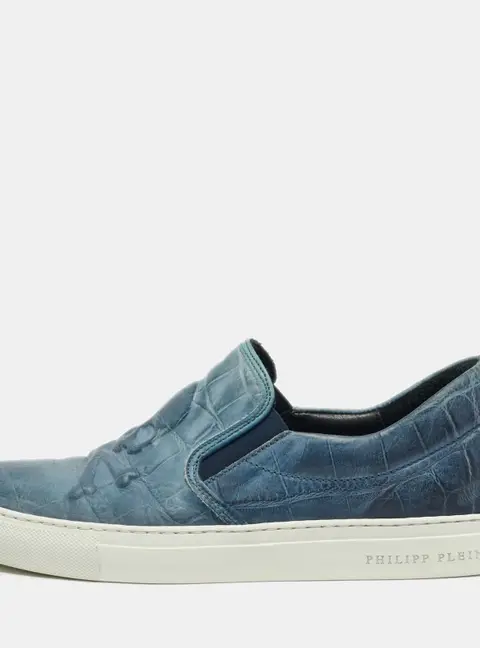 Philipp Plein Skull Size 41 Blue Croc Embossed Leather Slip On Sneakers