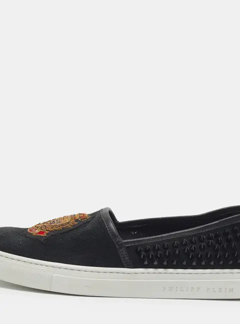 Philipp Plein Size 45 Black Leather and Suede Spike Logo Embroidered Slip On Sneakers