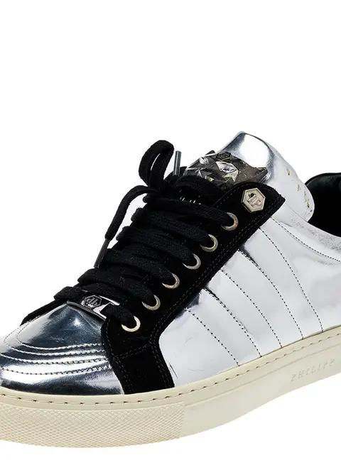 Philipp Plein Silver /Black Leather And Suede Low Top Sneakers Size 41