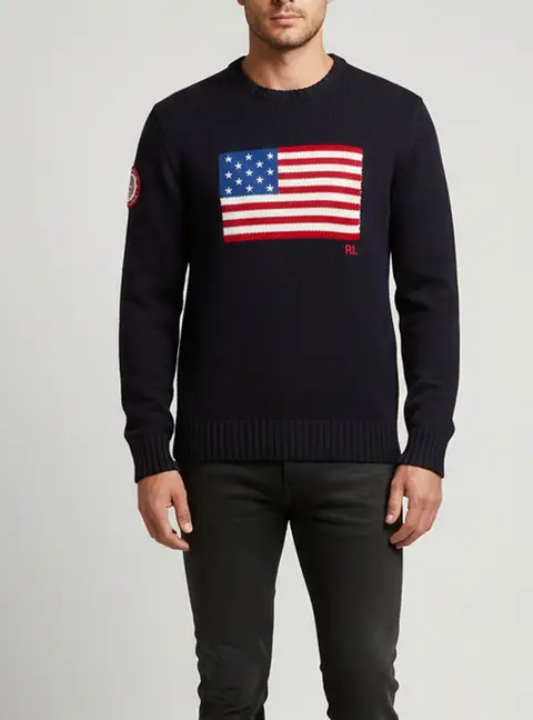 Polo Ralph Lauren Navy Blue USA Flag Intarsia Knit Sweater M