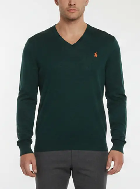 Polo Ralph Lauren Green Wool Knit V-Neck Slim Fit Pullover M