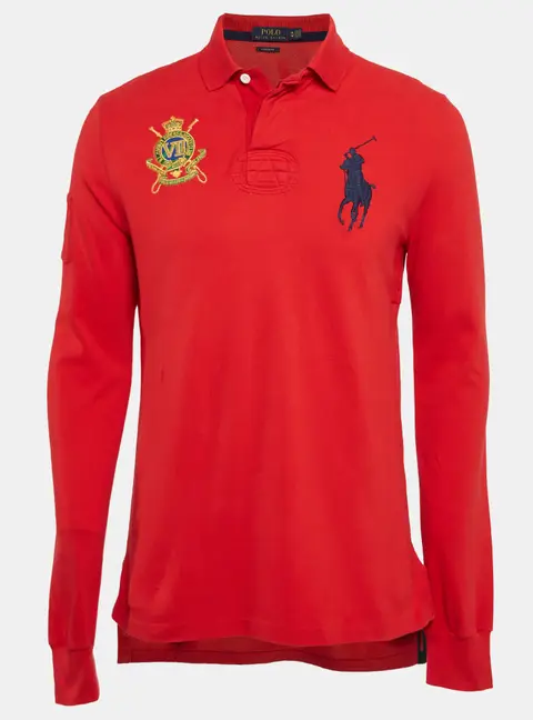 Polo Ralph Lauren Red Embroidered Pique Cotton Long Sleeve Polo T-Shirt M
