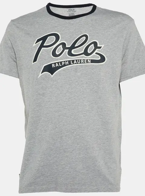 Polo Ralph Lauren Grey/Navy Blue Logo Print Cotton Crew Neck T-Shirt L