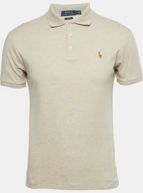 Polo Ralph Lauren Beige M&eacute;lange Logo Embroidered Cotton Polo T-Shirt M