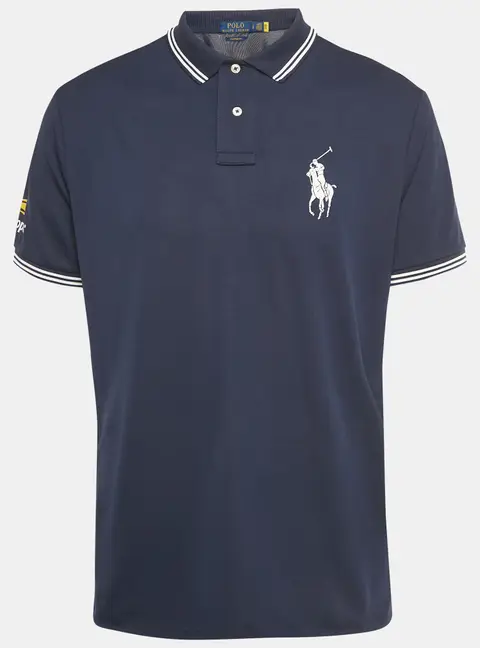 Polo Ralph Lauren Navy Blue Logo Print Jersey Polo T-Shirt L