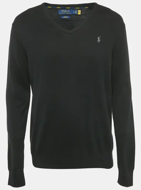 Polo Ralph Lauren Black Logo Embroidered Cotton V-Neck Sweater L