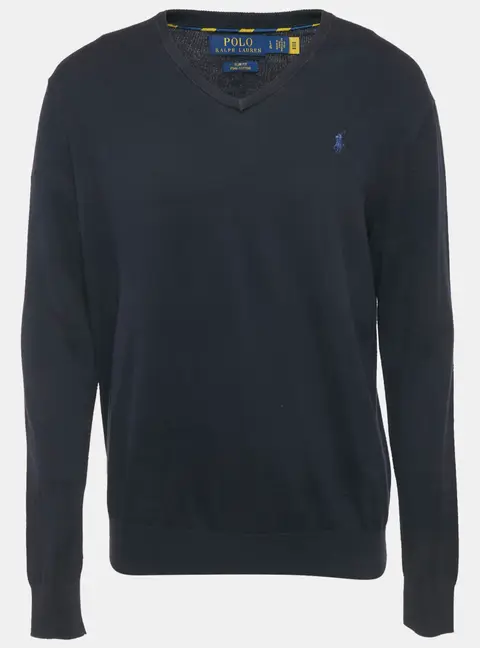 Polo Ralph Lauren Navy Blue Cotton Knit V-Neck Sweater L