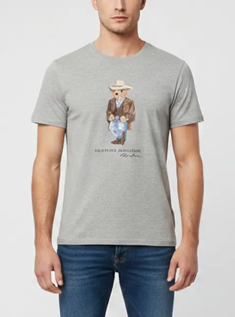 Polo Ralph Lauren Grey Graphic Print Cotton Short Sleeve Polo Bear T-Shirt L