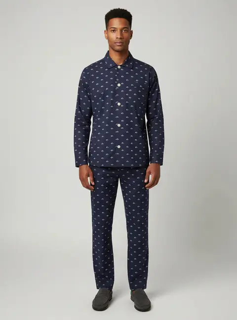 Polo Ralph Lauren Navy Blue All Over Logo Print Cotton Shirt & Pyjama Set S