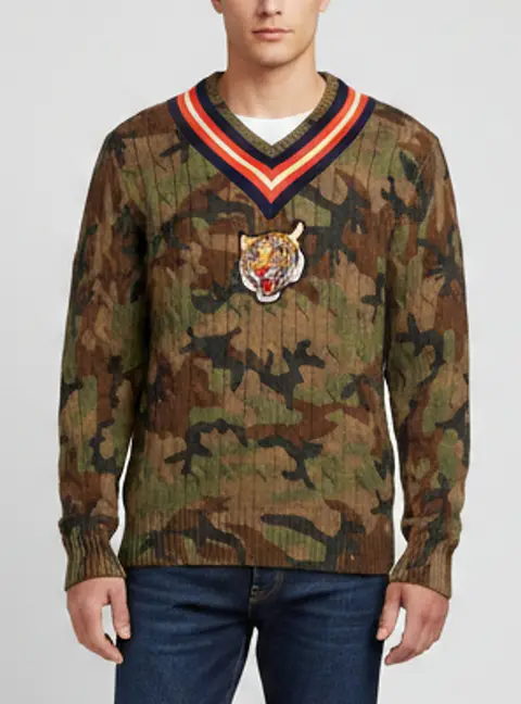 Polo Ralph Lauren Green Camouflage Print Cable Knit Varsity Sweater M