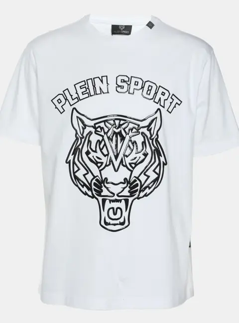 Plein Sport White Jersey Tiger Print T-Shirt L