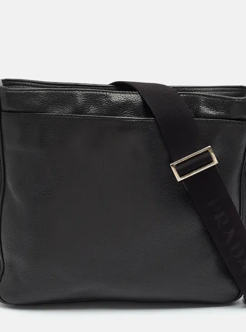 Prada Black Leather Zip Messenger Bag
