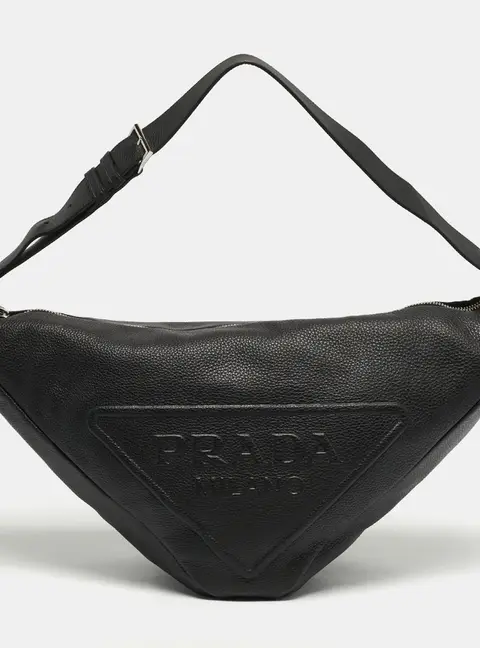 Prada Triangle Logo Embossed Black Vitello Dain Leather Bag