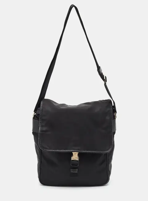 Prada Black Nylon and Saffiano Leather Flap Messenger Bag