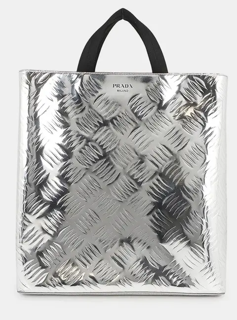 Prada Shopping Bag Silver Brushed Leather Canvas Tote Bag