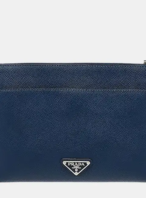 Prada Saffiano Leather Embossed Logo Pouch Blue Saffiano Leather Clutch Bag