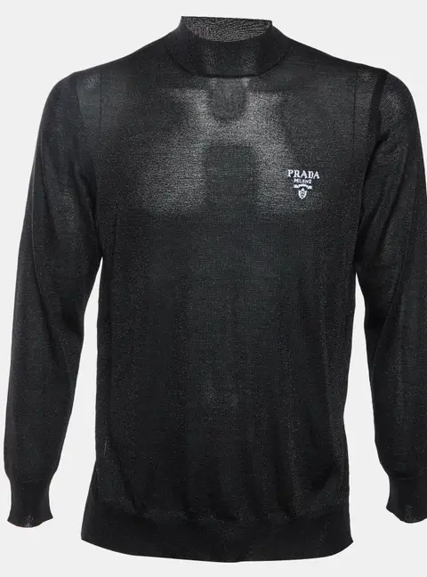 Prada Black Logo Lurex Knit Superfine Turtle Neck Sweater L