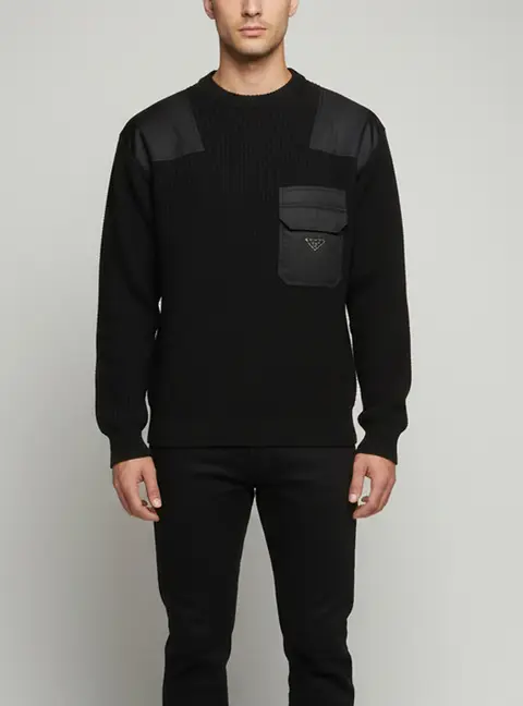 Prada Re-Nylon Black Logo Plague Detail Knitted Crewneck Sweater L