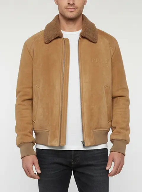 Prada Beige Suede and Shearling Trimmed Bomber Jacket XL