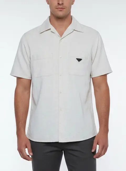 Prada Beige Triangle Logo Linen Blend Short Sleeved Shirt M