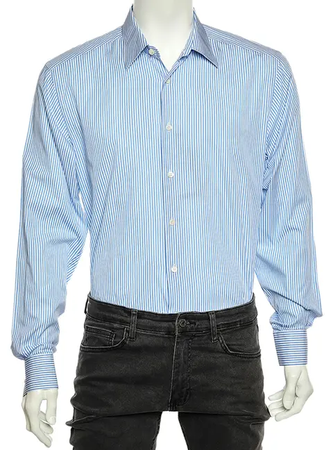 Prada Blue Striped Cotton Button Front Shirt XL