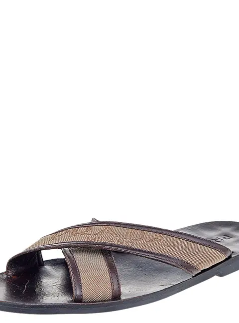 Prada Dark Brown/Beige Leather And Canvas Criss Cross Flat Slide Sandals Size 44