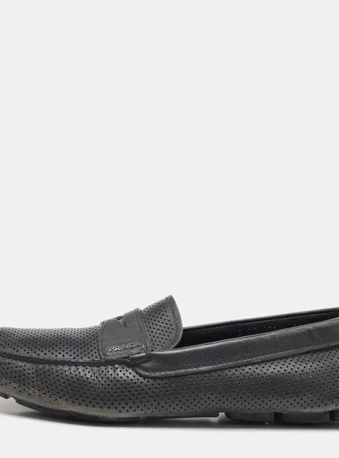 Prada Dark Grey Perforated Leather Slip On Loafers Size 43.5