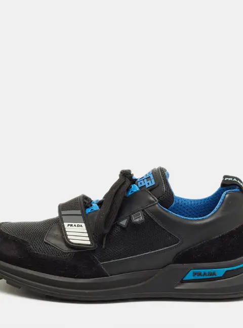 Prada Black/Blue Leather, Suede and Mesh Mechano Sneakers Size 45