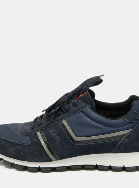 Prada Matchrace Size 44 Navy Blue Nylon and Suede Lace Up Sneakers