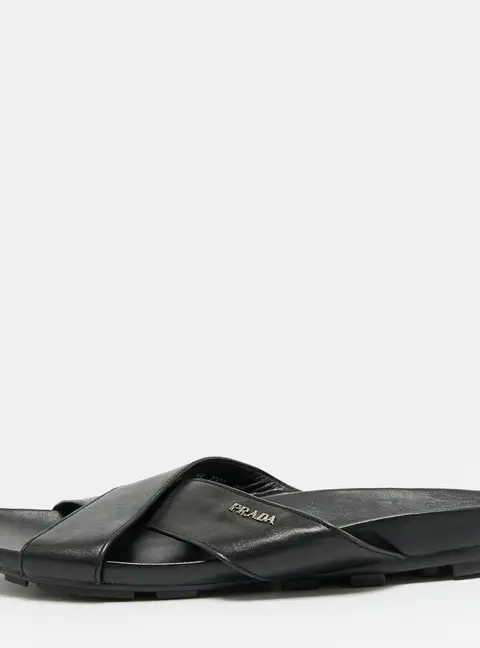 Prada  Size 43.5 Black Leather Crisscross Flat Slides