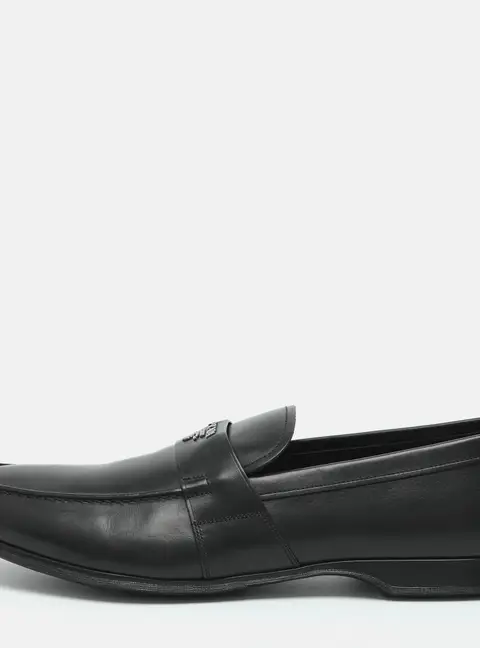 Prada Logo Embellished Size 44 Black Leather Loafers