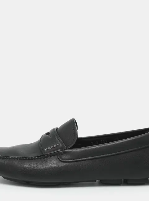 Prada Logo Embellished Size 43.5 Black Leather Penny Loafers