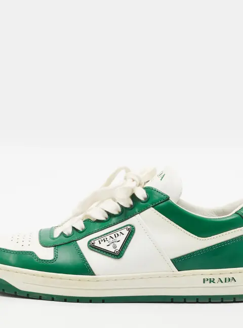 Prada Downtown Size 39.5 White/Green Leather Low Top Sneakers
