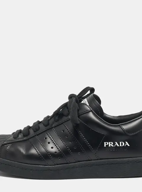 Prada x Adidas Superstar Size 39.5 Black Leather Lace Up Sneakers