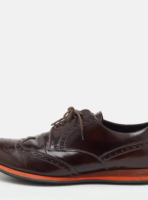 Prada Size 42 Dark Brown Brogue Leather Lace Up Wingtip Derby