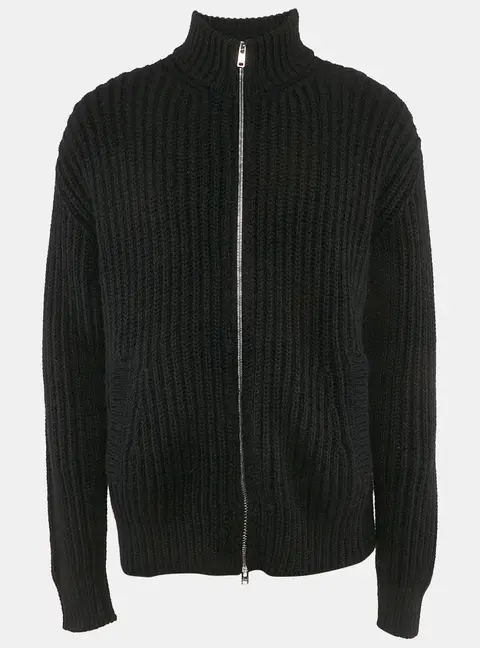Prada Black Rib Knit Zip-Up Cardigan L