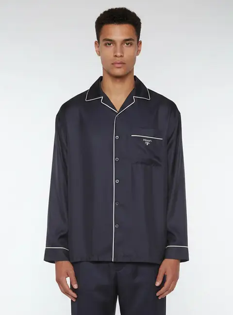 Prada Navy Blue Silk Oversized Button Up Pajama Shirt S