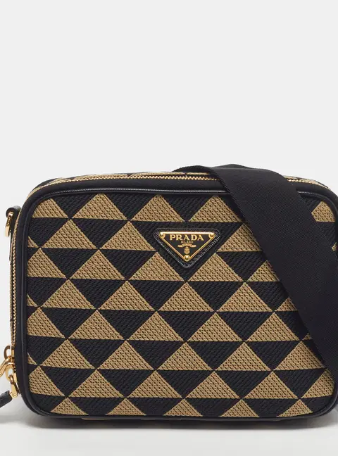 Prada Symbole Beige/Black Embroidered Canvas Shoulder Bag