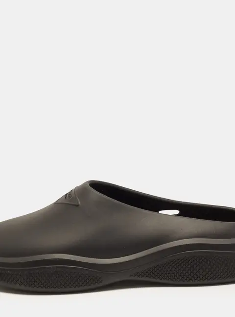 Prada Size 43 Black Rubber Triangle Logo Mules
