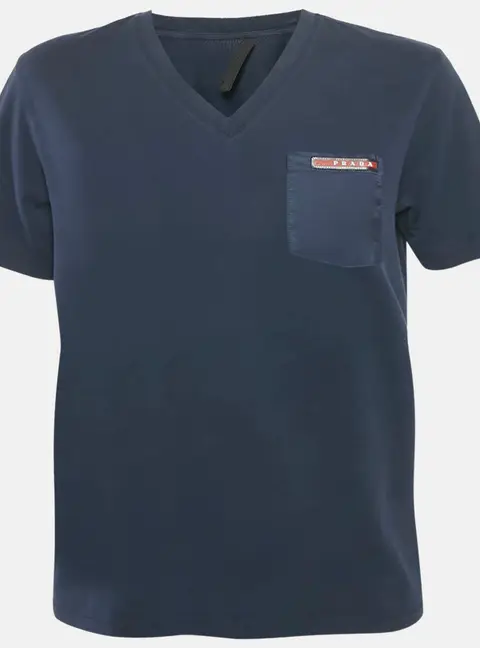 Prada Blue Cotton Rubber Logo Nylon Pocket V-Neck T-Shirt S