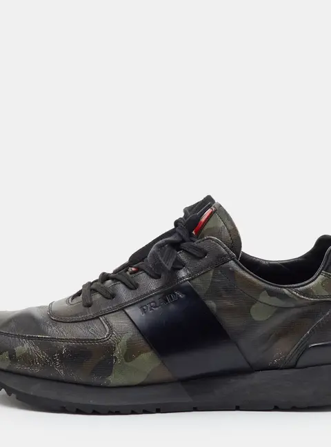 Prada Sport Size 42.5 Green/Black Camouflage Print Leather Low Top Sneakers