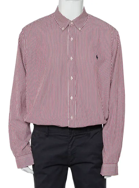 Ralph Lauren Burgundy Striped Cotton Logo Embroidered Button Front Shirt XXL