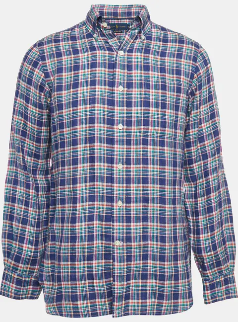 Ralph Lauren Blue Tartan Checks Sea Soft Linen Shirt S