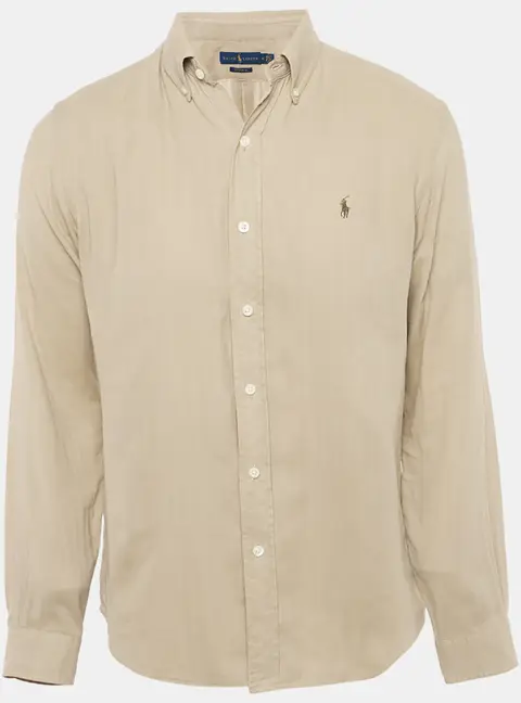 Ralph Lauren Camel Brown Logo Embroidered Cotton Custom Fit Shirt M