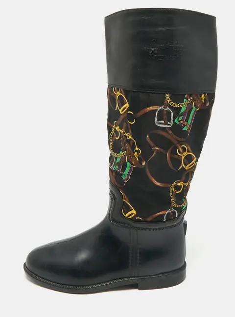 Ralph Lauren Black Rubber and Satin Chain Print Rain Boots Size 43.5