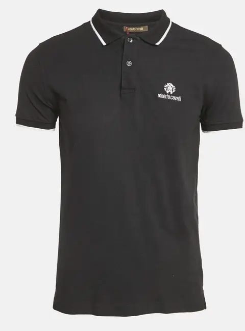 Roberto Cavalli Black Logo Embroidered Pique Polo T-Shirt M