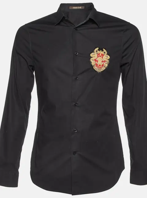 Roberto Cavalli Black Cotton Logo Crest Embroidered Button Front Shirt S
